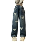 XXWXYD Clearence Destroyed Vintage Wide-Leg Jeans Grunge Style Ripped Details | High-Rise Straight Leg Denim Pants with Raw Hem for Trendy Tween Looks